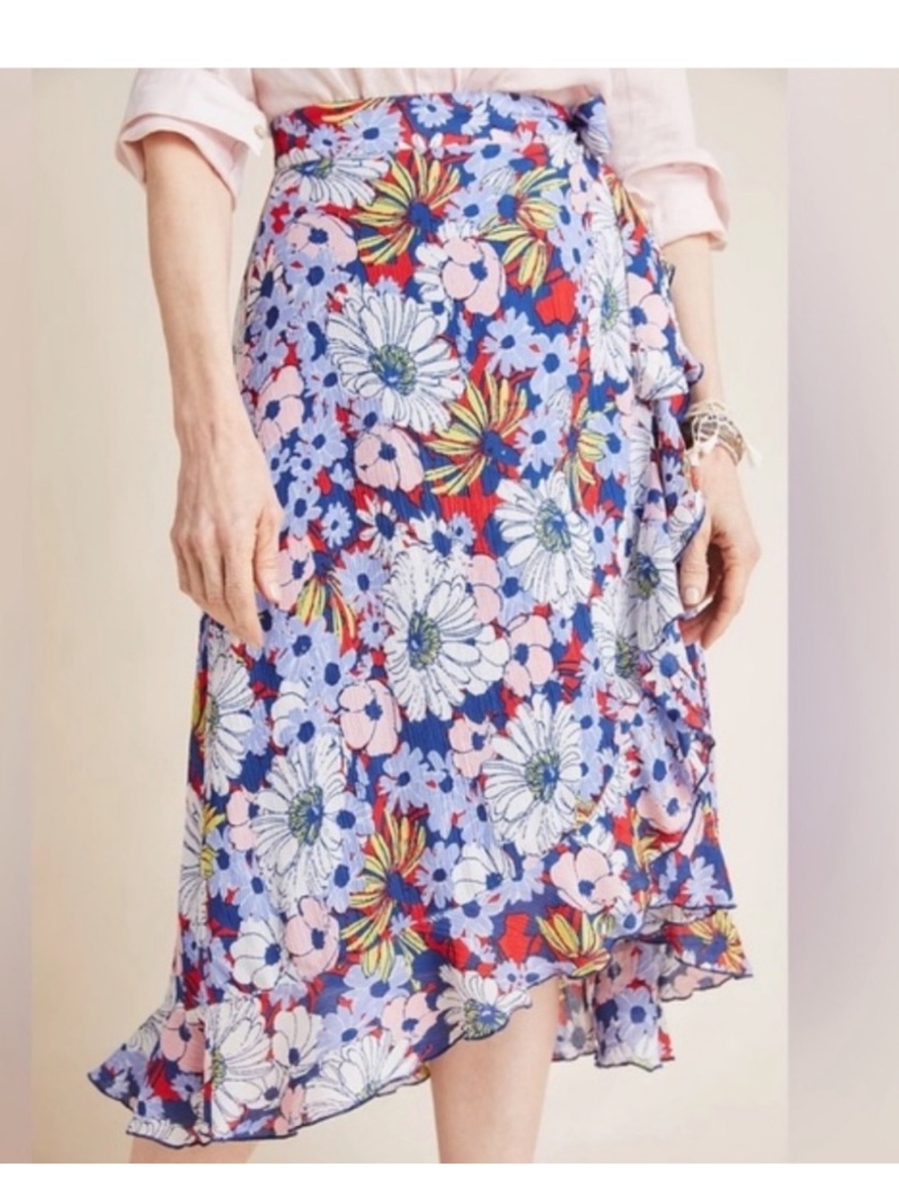 Anthropologie Blue Floral High-Low Wrap Skirt with Pink Accents